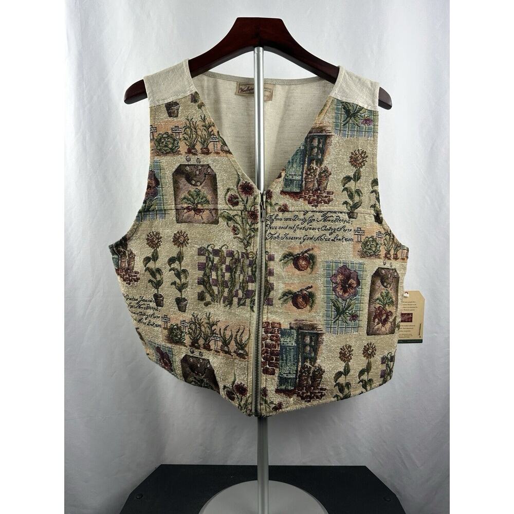 WOOLRICH Womens Cottagecore Gardening Vest X-LARGE Zip Up Front Flowers Fruit